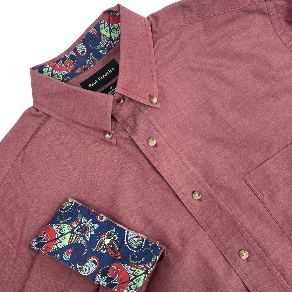 PAUL FREDRICK Mens LT Tall Classic Fit Maroon Flip-Cuff Button-Down Shirt Pocket